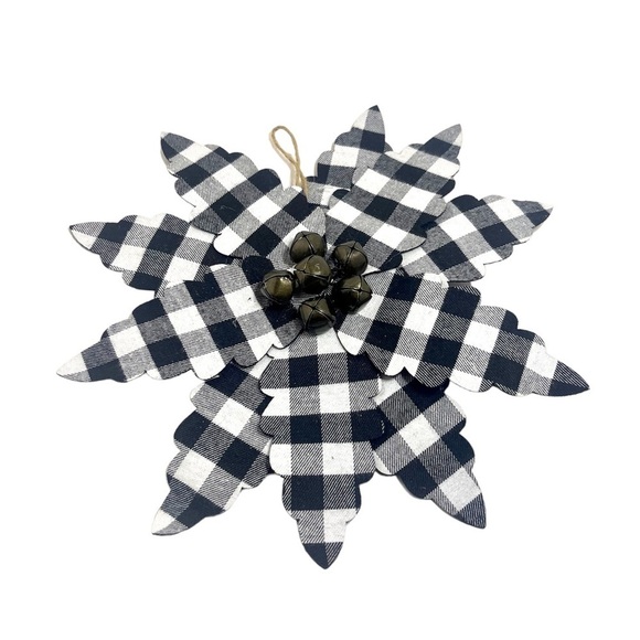Ganz Medium Black and White Buffalo Plaid Poinsettia Ornament with Bell Center - Picture 2 of 3
